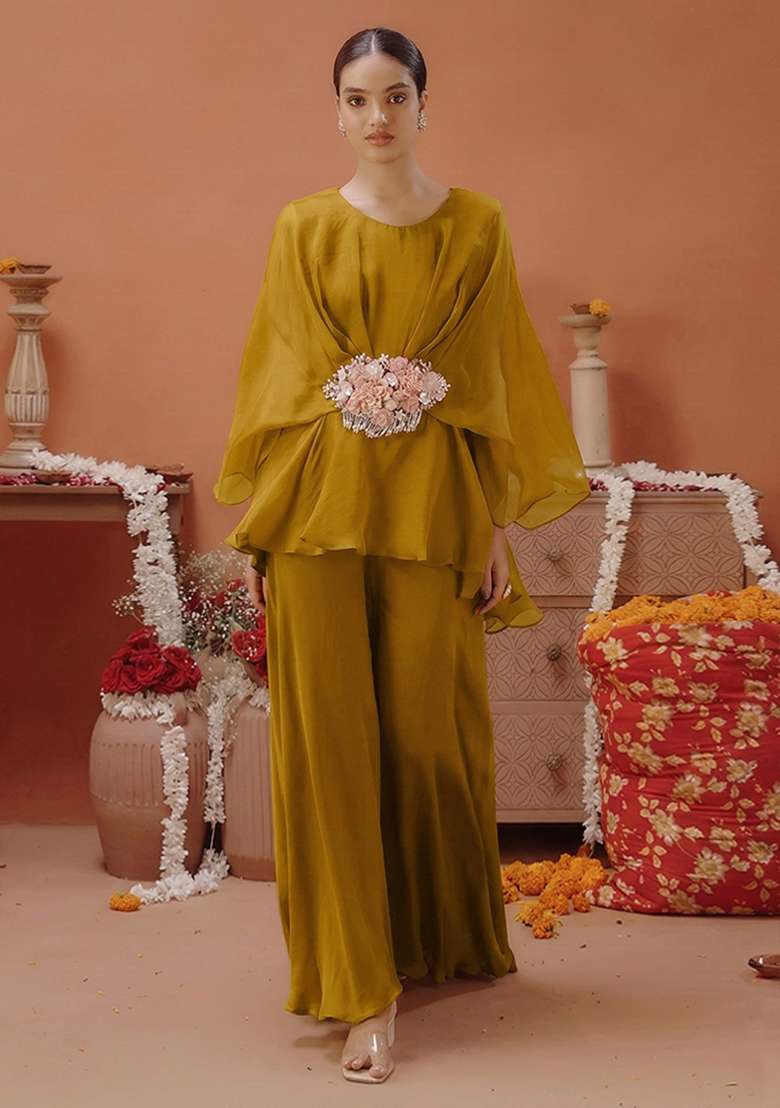 Olive Green Organza Handwork Fusion Set for Diwali and Festive Wear - Indya