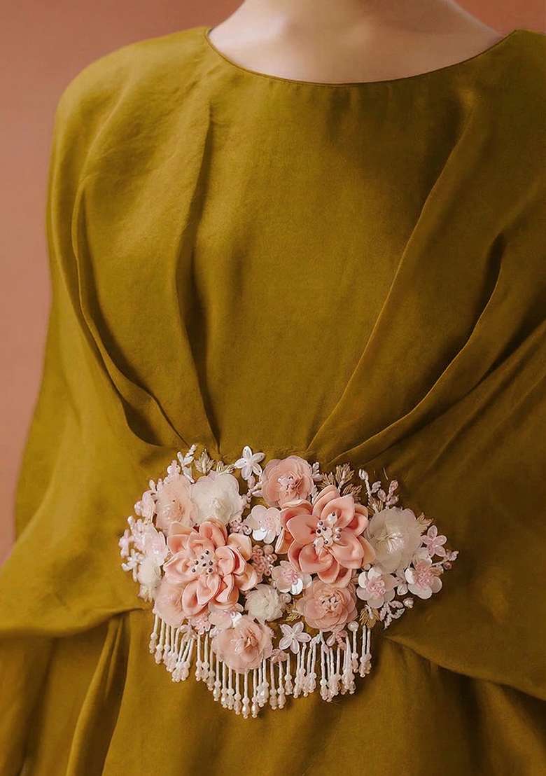 Olive Green Organza Handwork Fusion Set for Diwali and Festive Wear - Indya