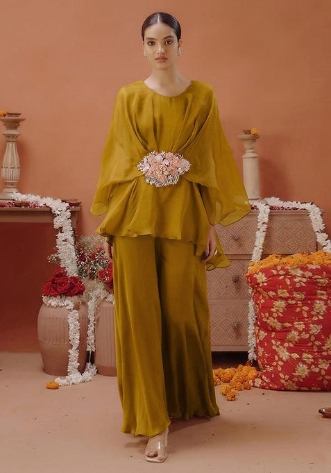 Olive Green Organza Handwork Fusion Set