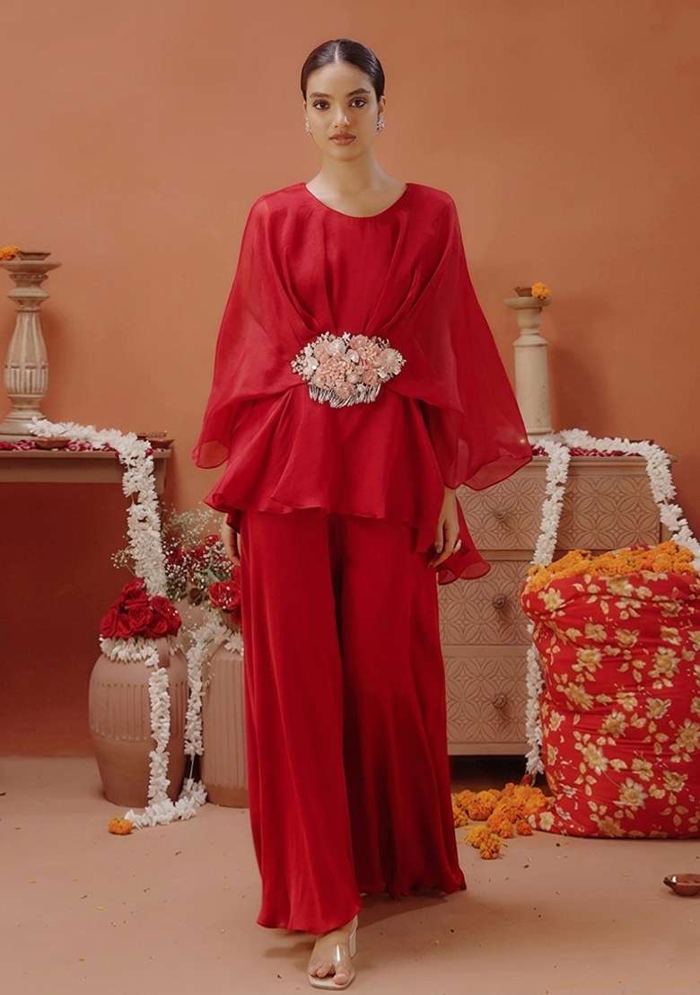 Red Organza Handwork Fusion Set for Diwali and Festive Wear - Indya