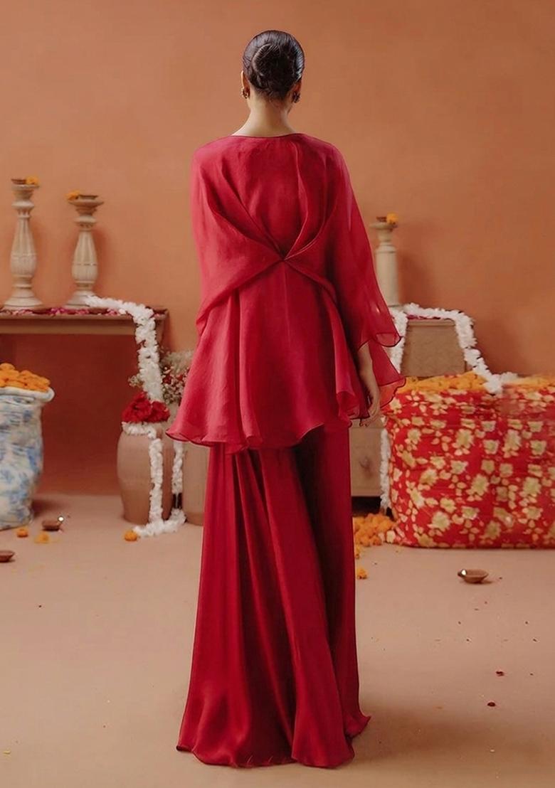 Red Organza Handwork Fusion Set - Indya