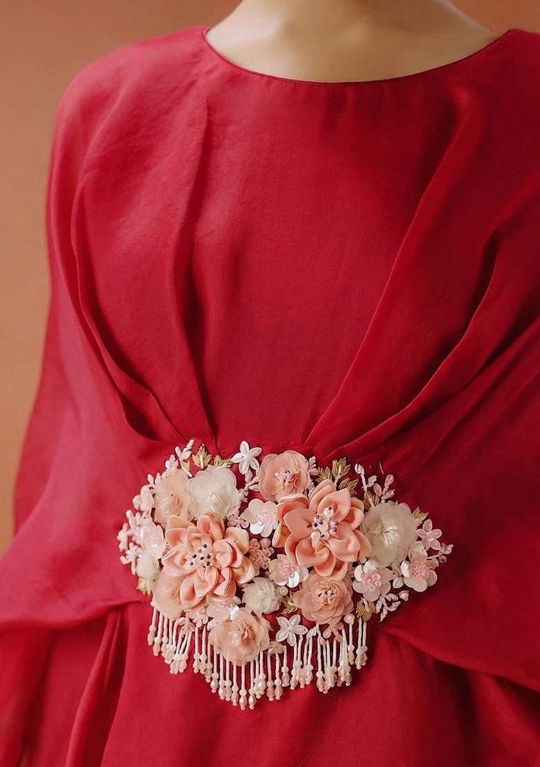 Red Organza Handwork Fusion Set for Diwali and Festive Wear - Indya