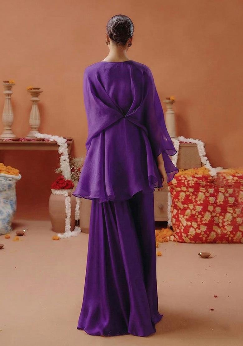 Purple Organza Handwork Fusion Set - Indya