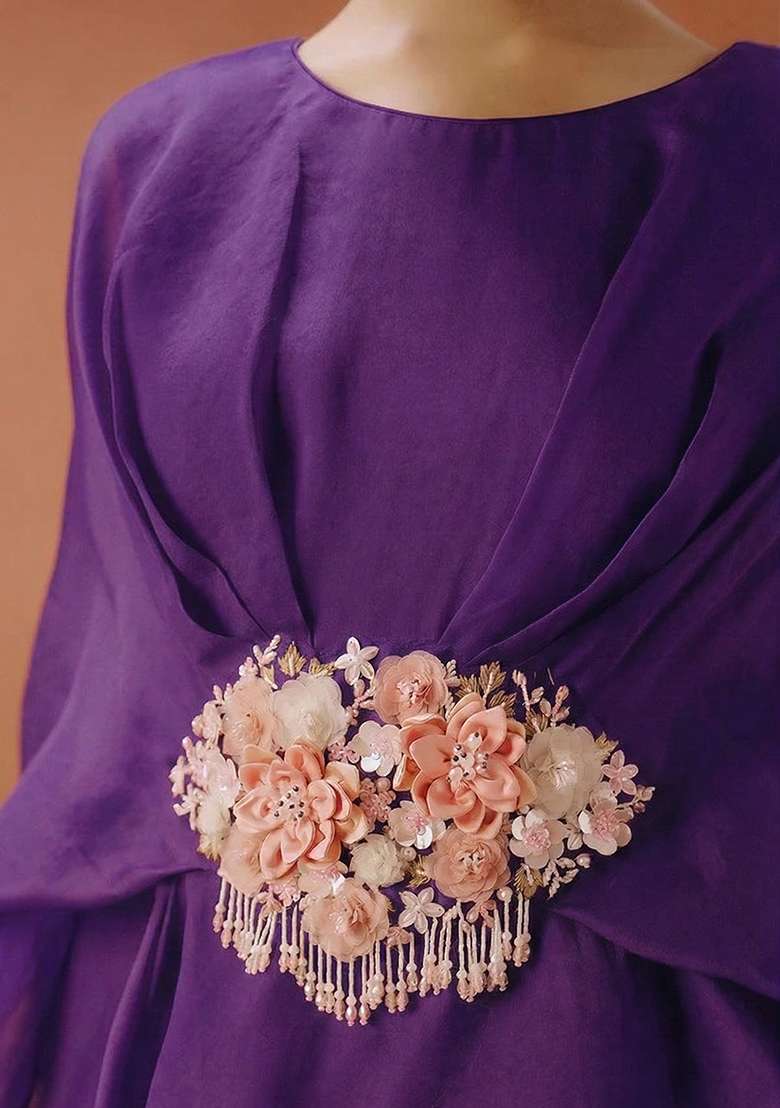 Purple Organza Handwork Fusion Set for Diwali and Festive Wear - Indya