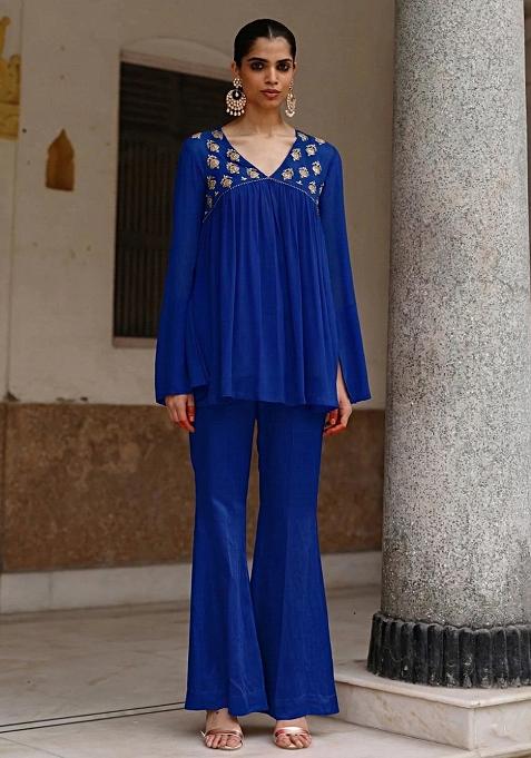 Royal Blue Crepe Handwork Fusion Set