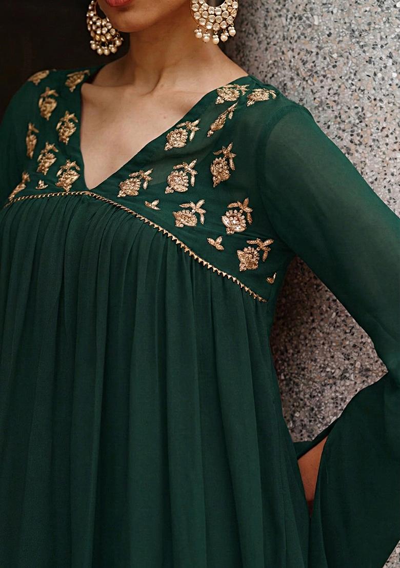 Forest Green Crepe Handwork Fusion Set - Indya