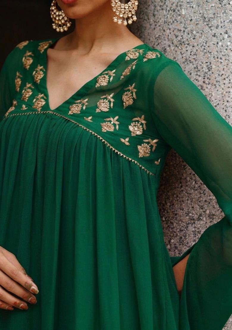 Bottle Green Crepe Handwork Fusion Set - Indya