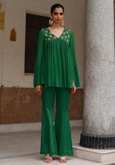 Bottle Green Crepe Handwork Fusion Set