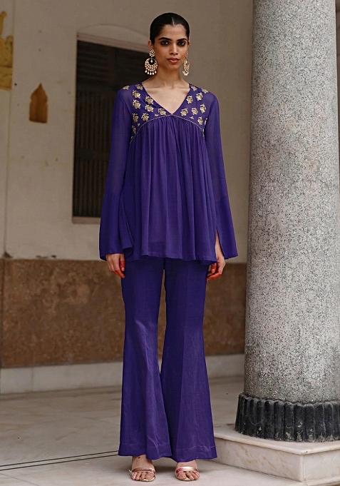 Navy Blue Crepe Handwork Fusion Set