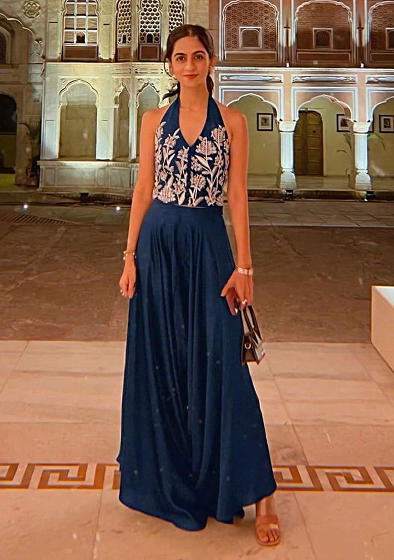 Dark Blue Crepe Handwork Fusion Set - Indya