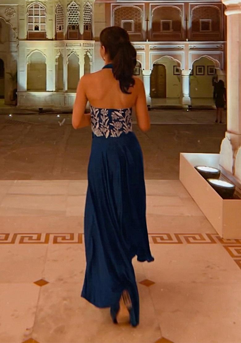 Dark Blue Crepe Handwork Fusion Set - Indya