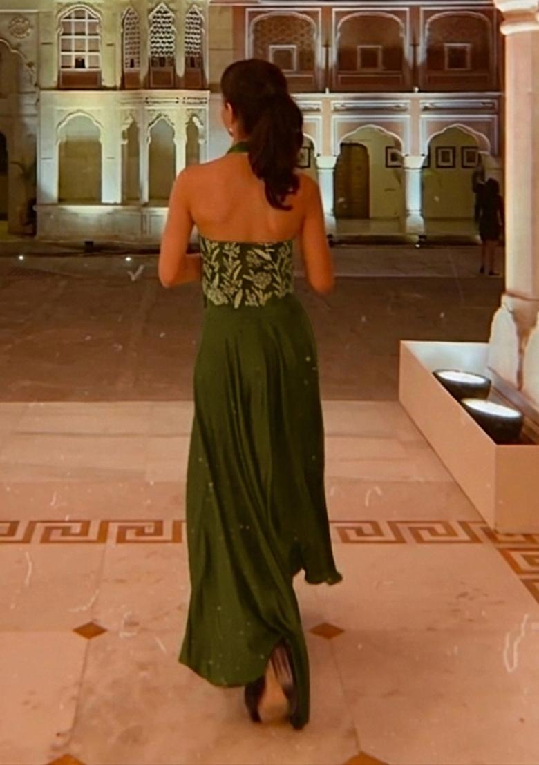 Olive Green Crepe Handwork Fusion Set - Indya