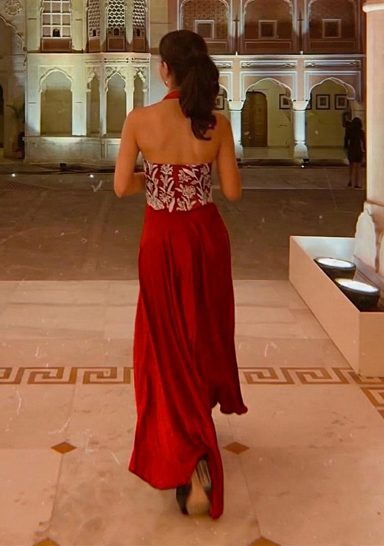 Vermilion&nbsp;Brown Crepe Handwork Fusion Set - Indya