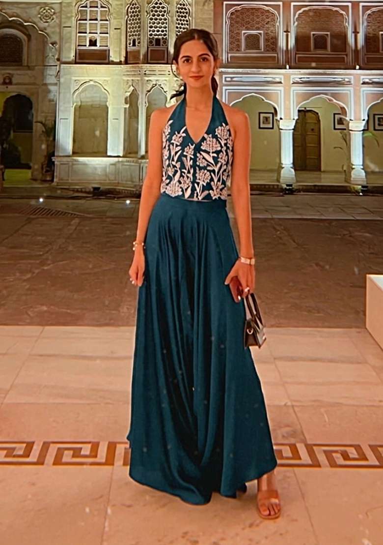 Teal Green Crepe Handwork Fusion Set - Indya