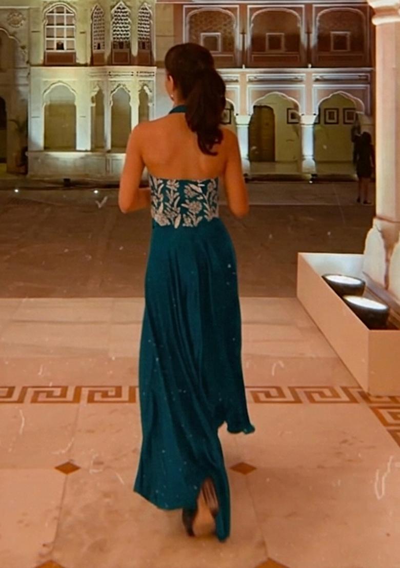 Teal Green Crepe Handwork Fusion Set - Indya