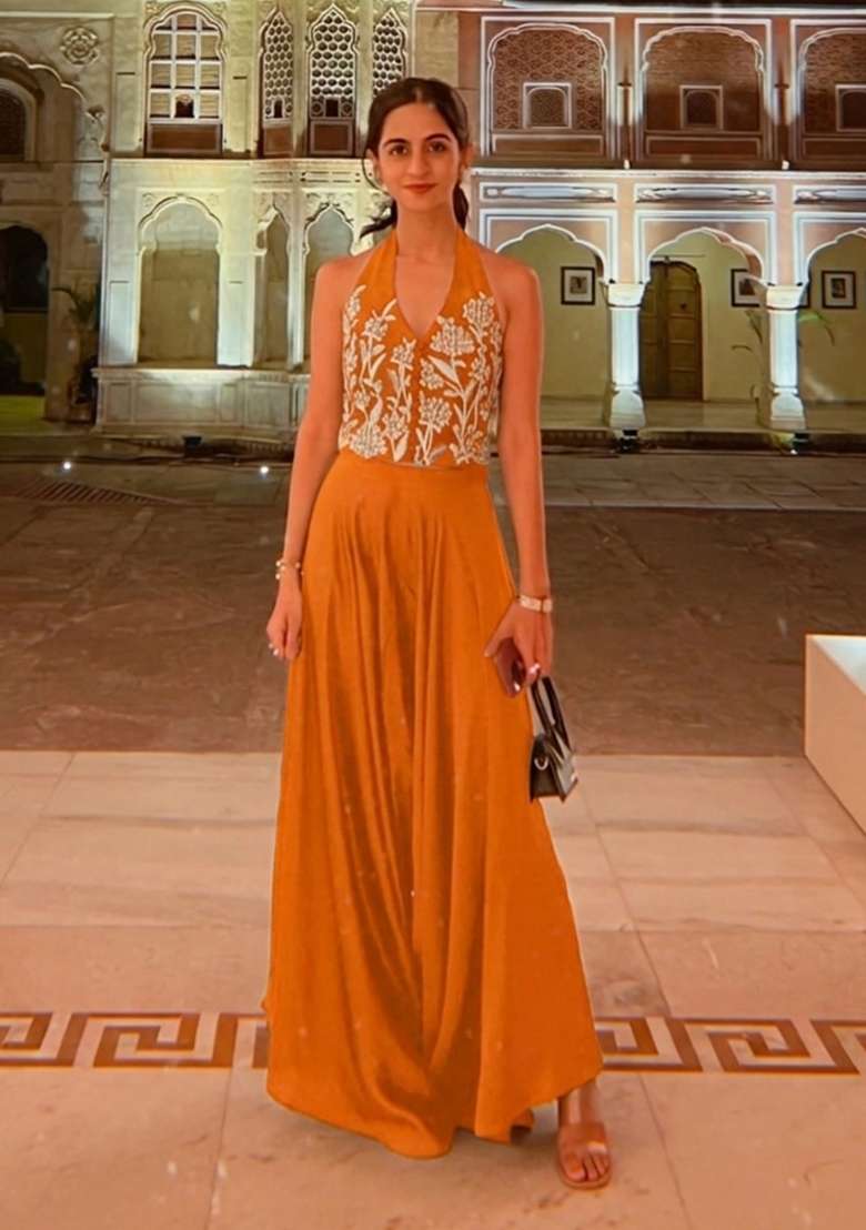 Mustard Crepe Handwork Fusion Set - Indya