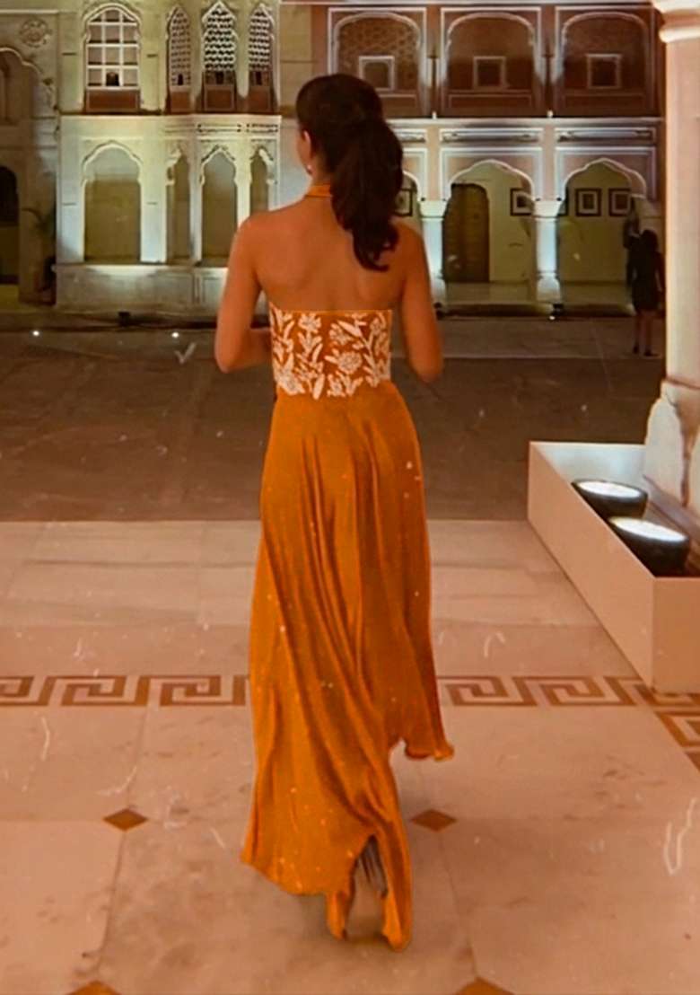 Mustard Crepe Handwork Fusion Set - Indya