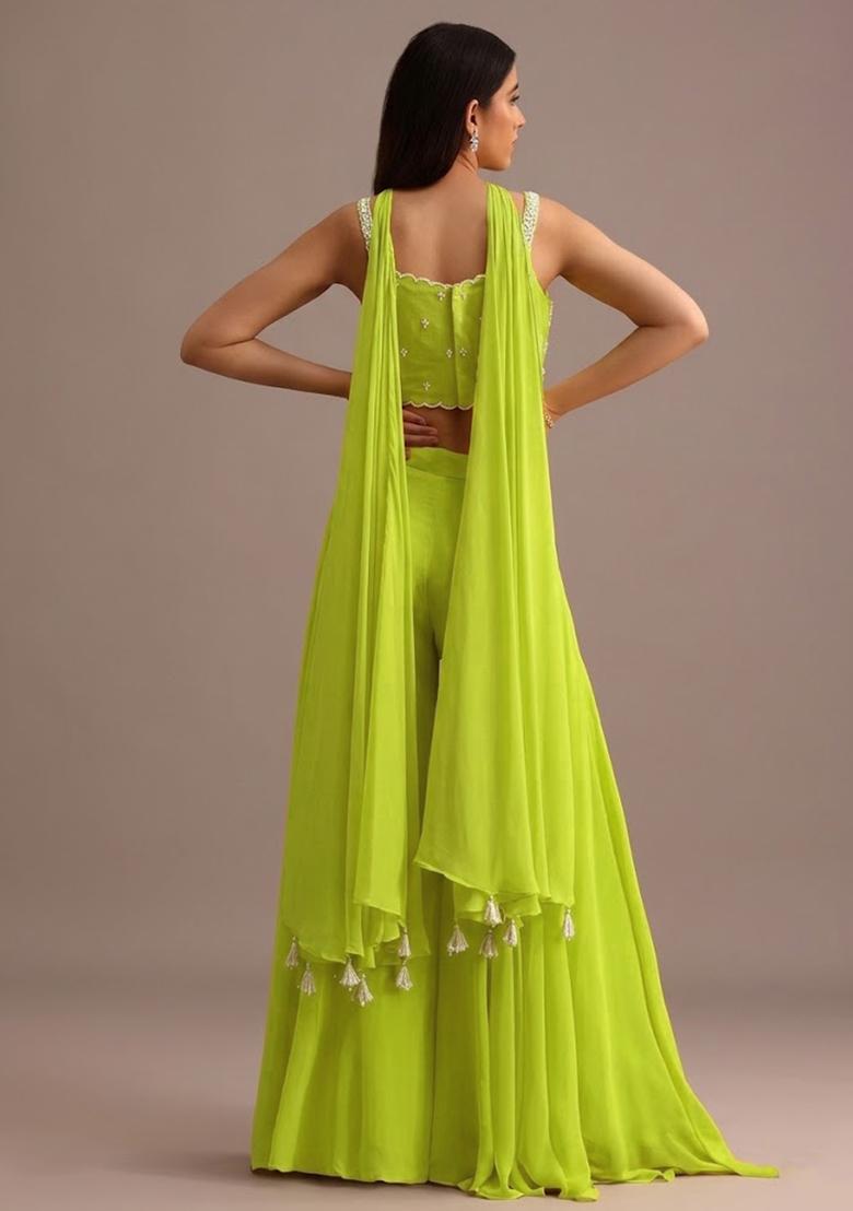 Neon Green Georgette Handwork Fusion Set - Indya