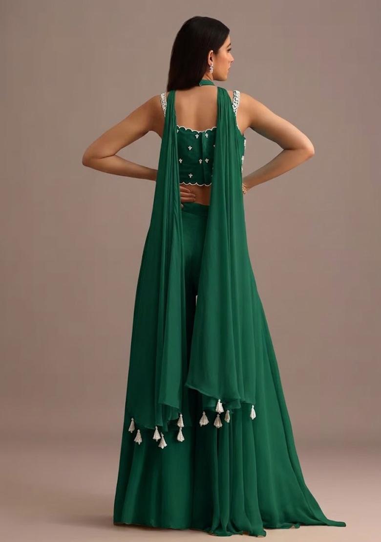 Bottle Green Georgette Handwork Fusion Set - Indya