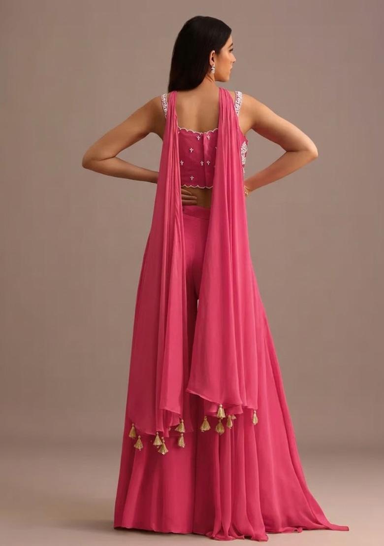 Pink Georgette Handwork Fusion Set - Indya