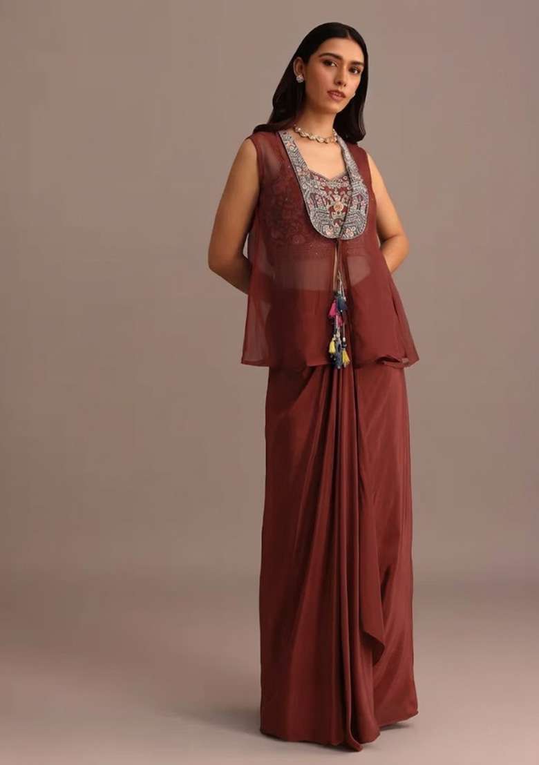 Brown Satin Handwork Fusion Set - Indya