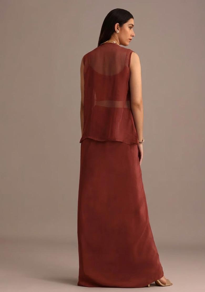 Brown Satin Handwork Fusion Set - Indya