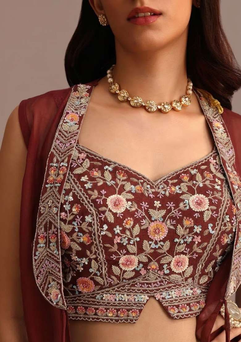 Brown Satin Handwork Fusion Set - Indya