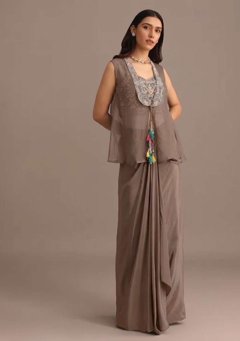 Grey Satin Handwork Fusion Set - Indya