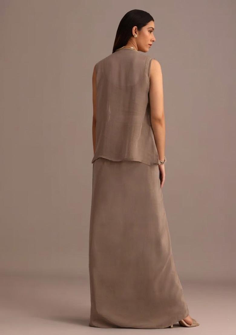 Grey Satin Handwork Fusion Set - Indya