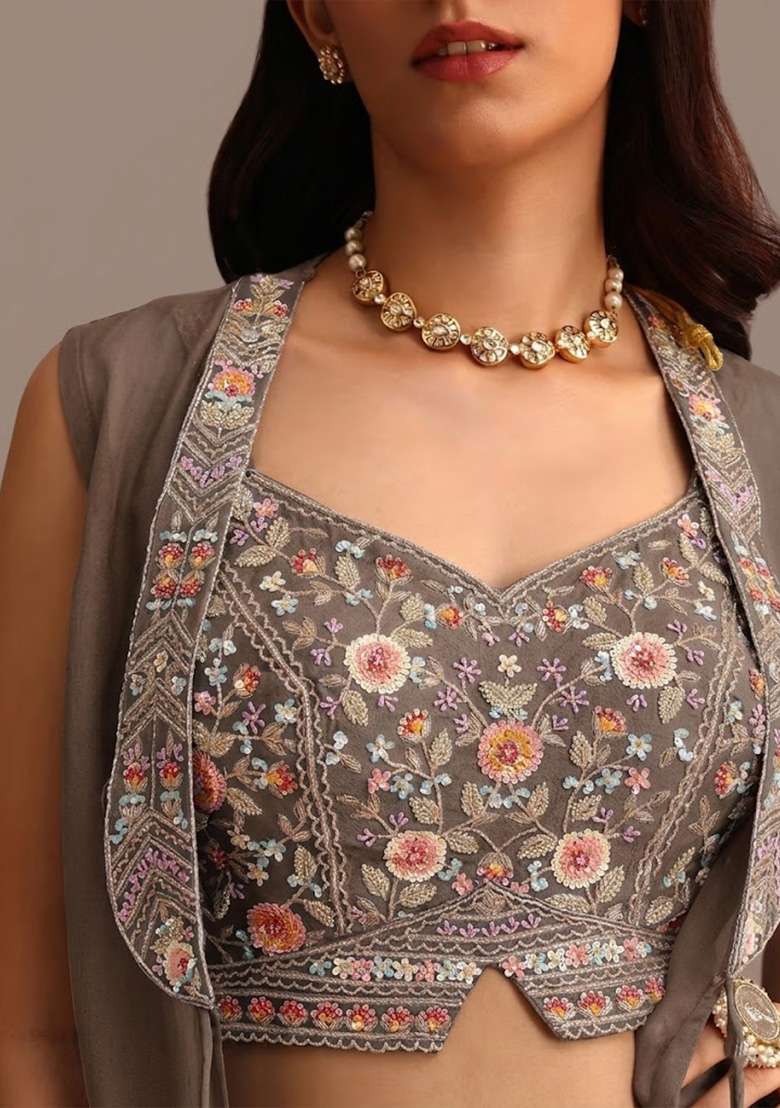 Grey Satin Handwork Fusion Set - Indya