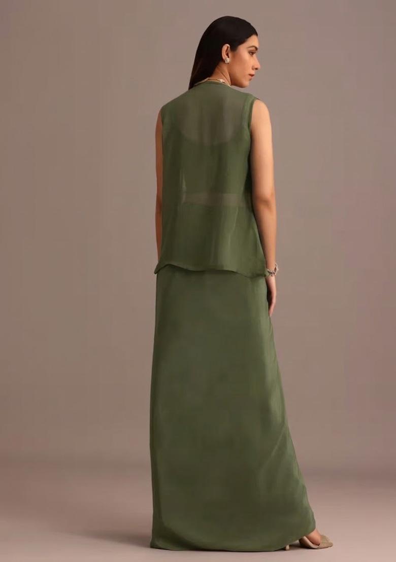 Olive Green Satin Handwork Fusion Set - Indya