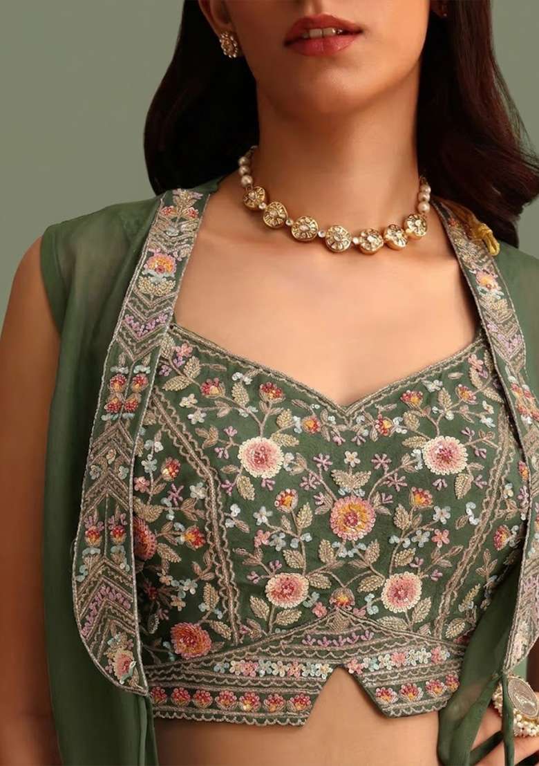 Olive Green Satin Handwork Fusion Set - Indya