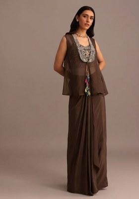 Brown Satin Handwork Fusion Set