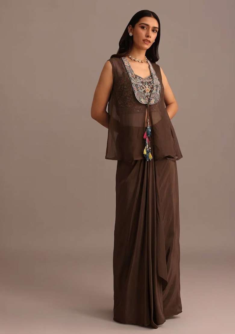Brown Satin Handwork Fusion Set - Indya