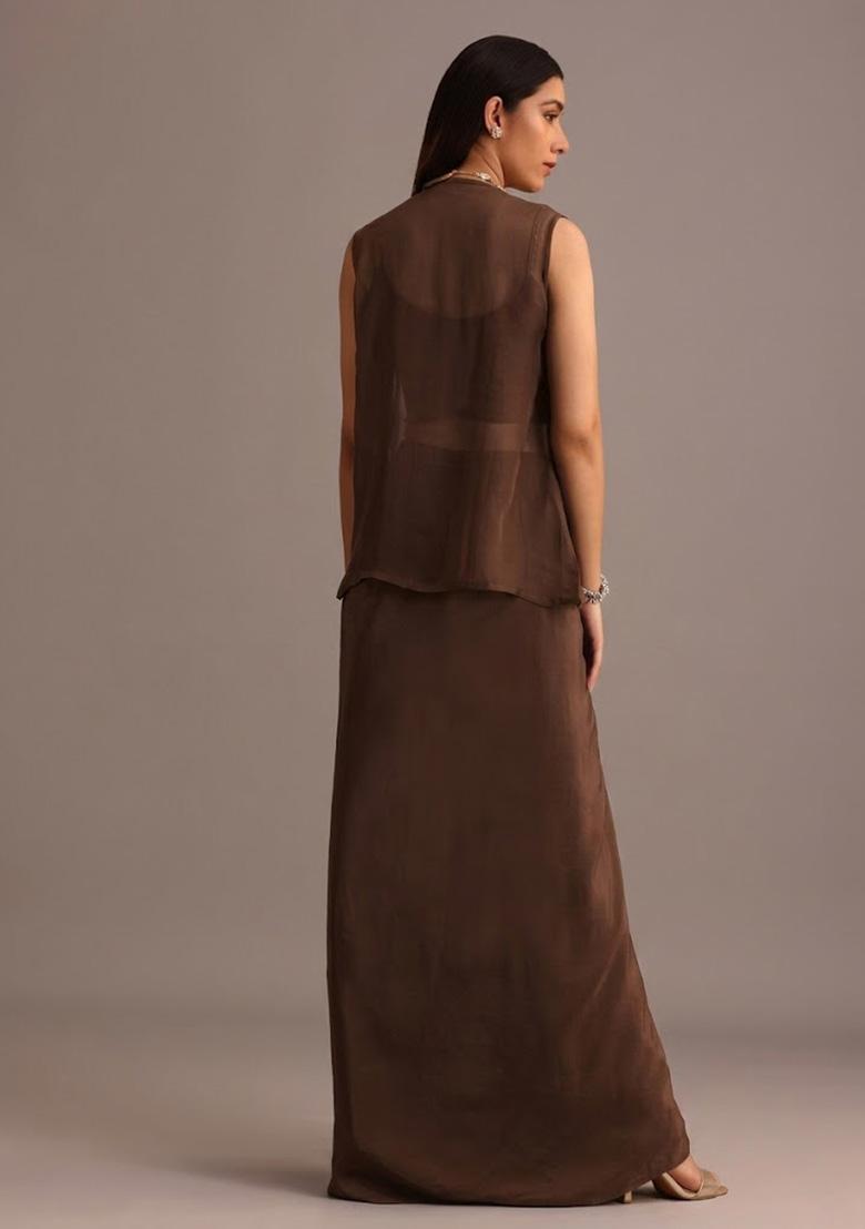 Brown Satin Handwork Fusion Set - Indya