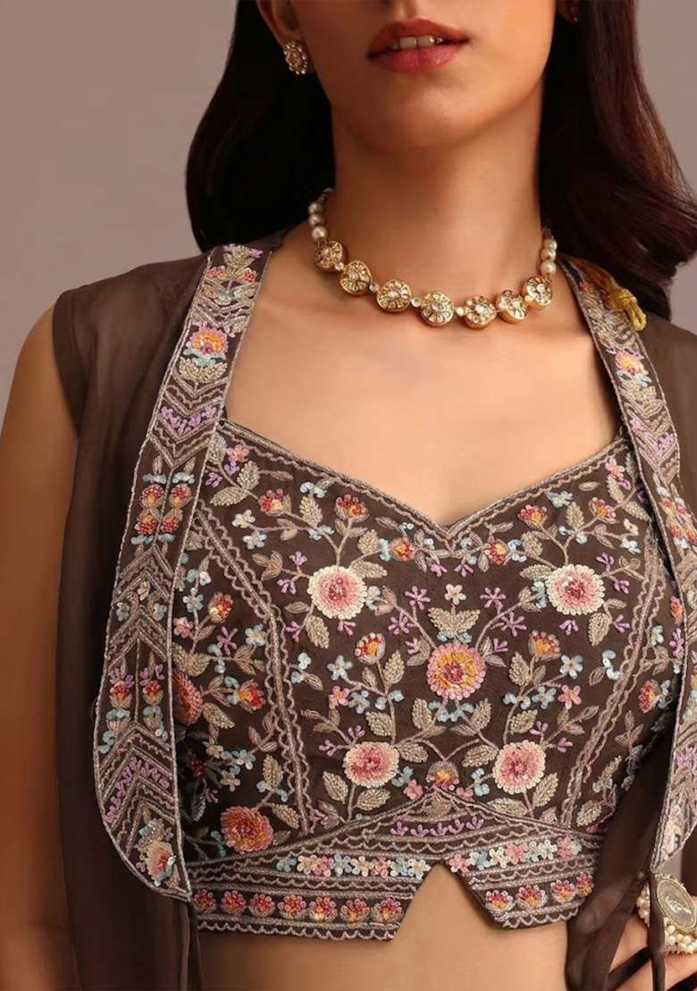 Brown Satin Handwork Fusion Set - Indya