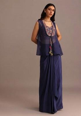 Deep Navy Blue Satin Handwork Fusion Set