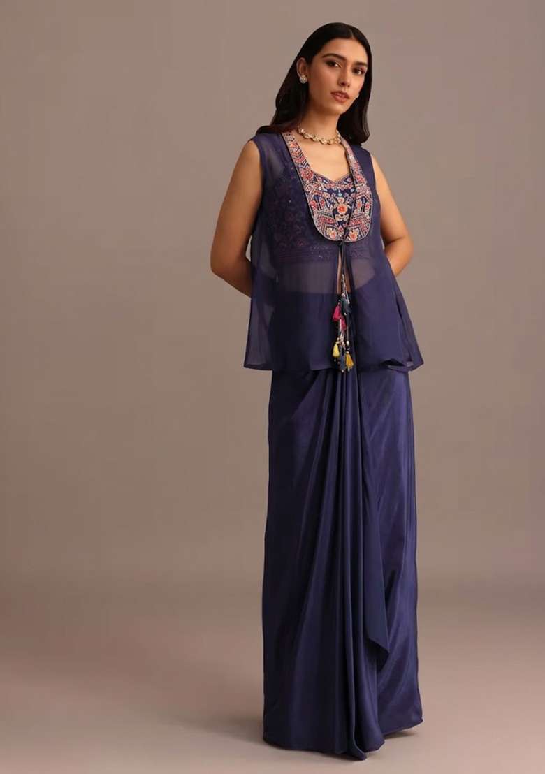 Deep Navy Blue Satin Handwork Fusion Set - Indya