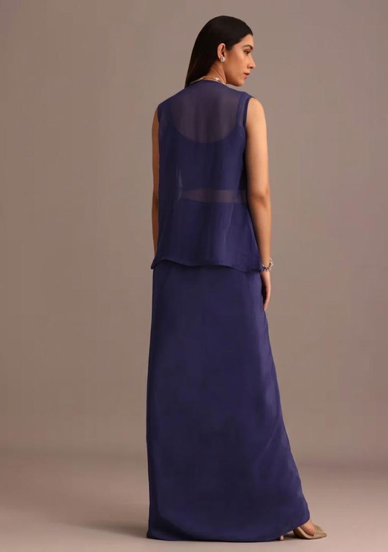 Deep Navy Blue Satin Handwork Fusion Set - Indya