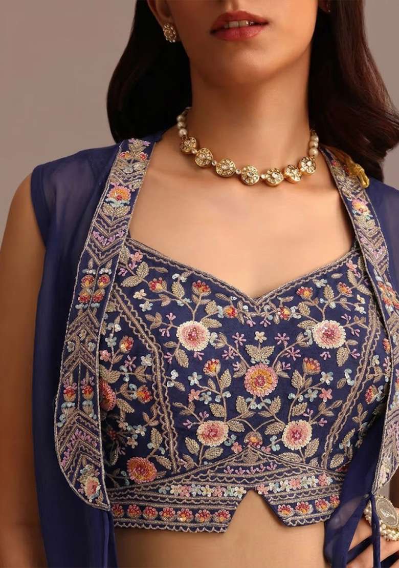 Deep Navy Blue Satin Handwork Fusion Set - Indya