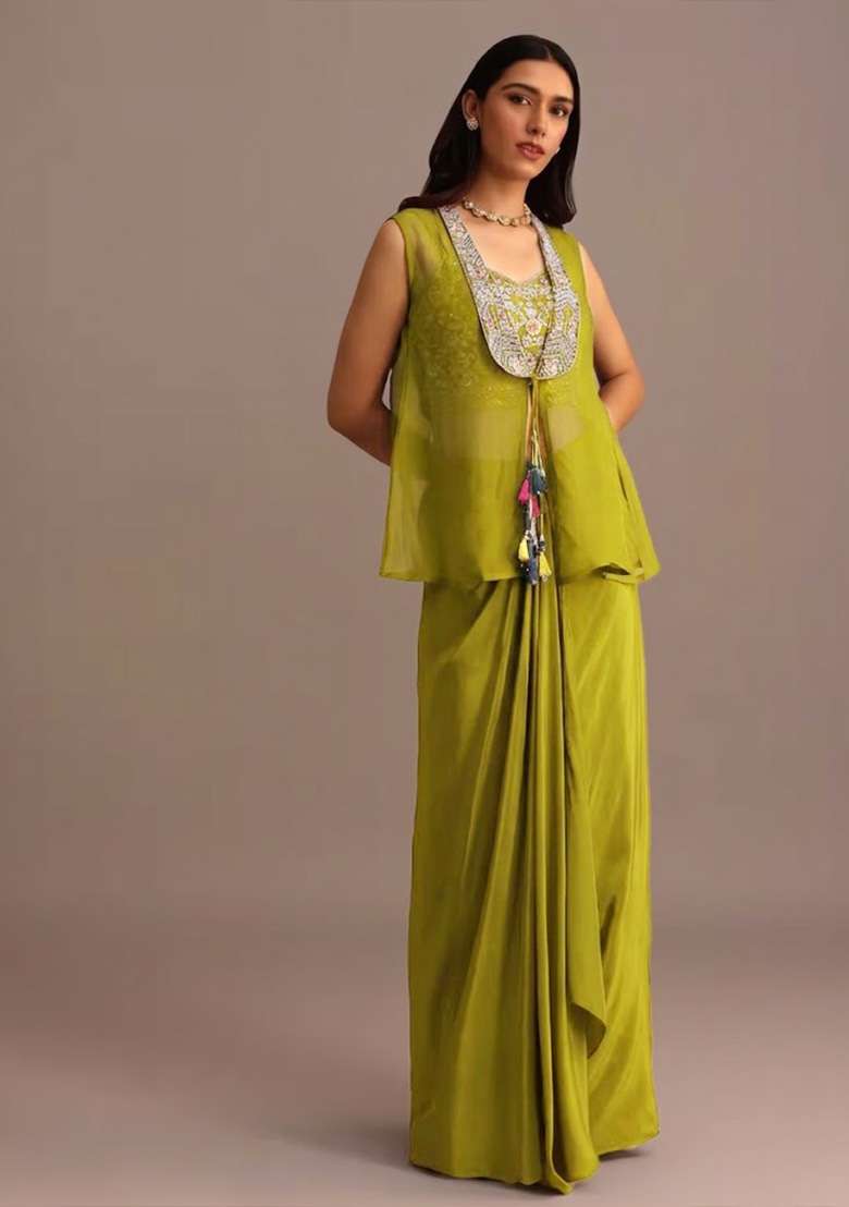 Neon Green Satin Handwork Fusion Set - Indya