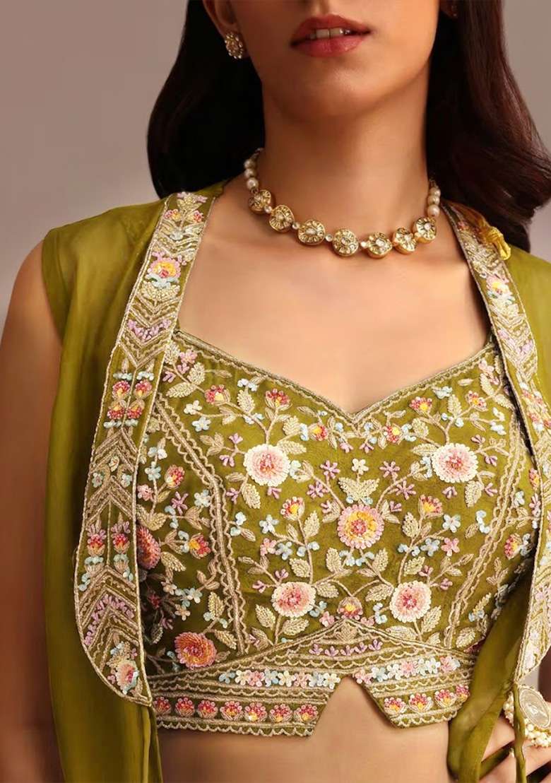 Neon Green Satin Handwork Fusion Set - Indya