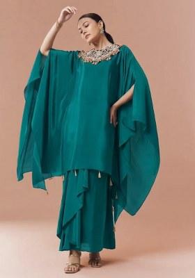 Teal Blue Crepe Handwork Fusion Set
