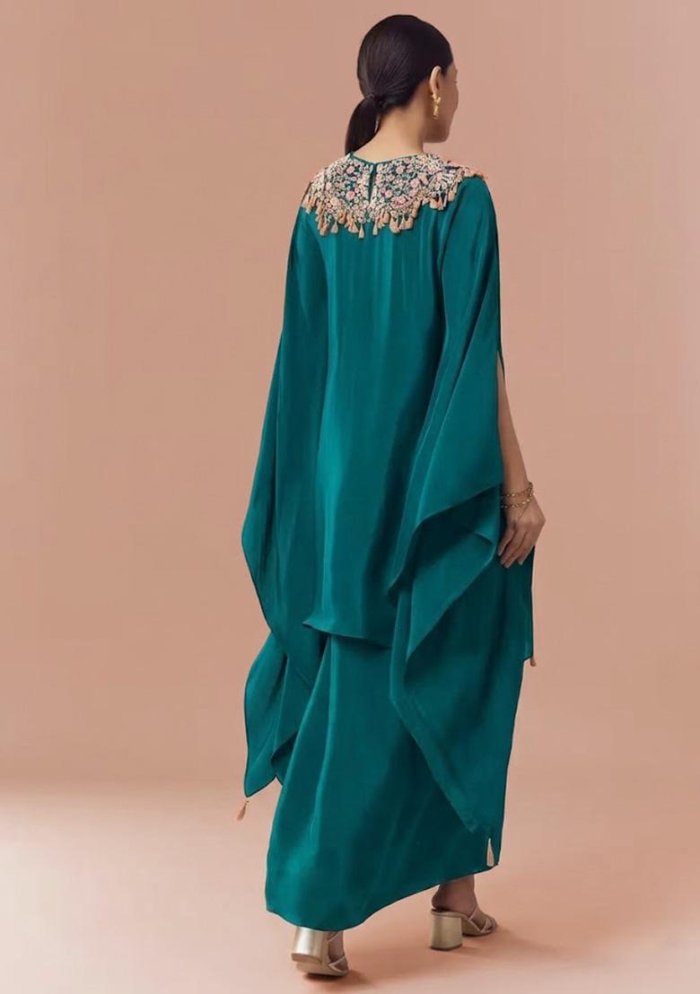 Teal Blue Crepe Handwork Fusion Set - Indya