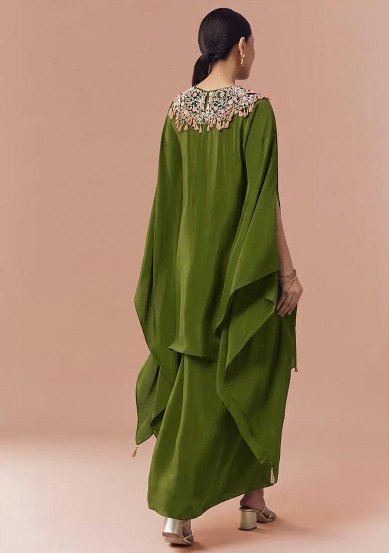 Green Crepe Handwork Fusion Set - Indya