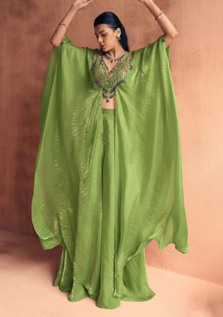 Green Silk Handwork Fusion Set - Indya