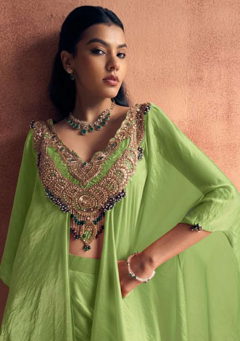 Green Silk Handwork Fusion Set - Indya