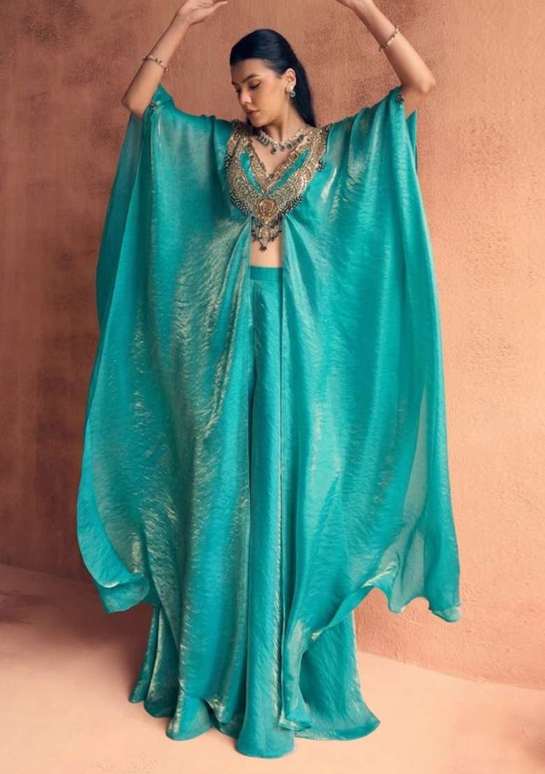 Aqua Blue Silk Handwork Fusion Set - Indya