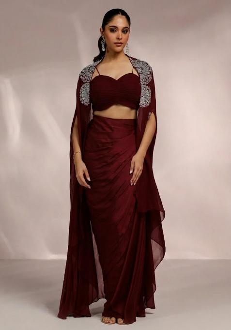 Maroon Satin Handwork Fusion Set