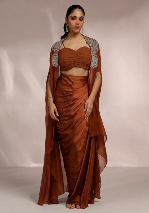 Chocolate Brown Satin Handwork Fusion Set